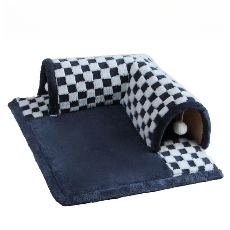 2-in-1 Funny Plush Plaid Checkered Cat Tunnel Bed